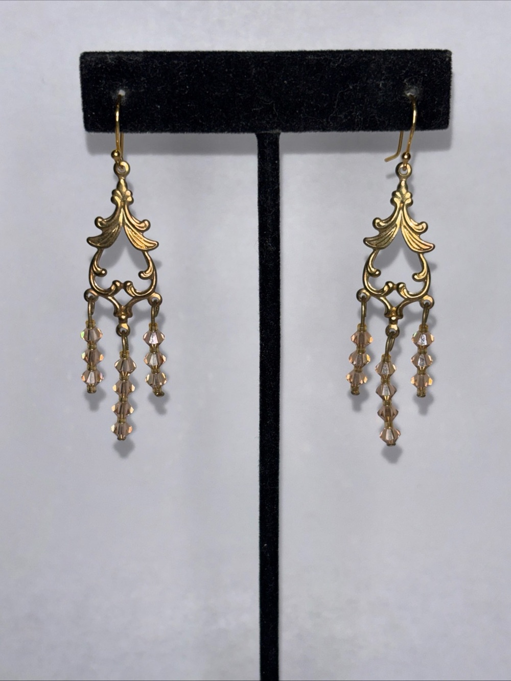 Vintage‎ Filigree Chandelier Drop Earrings Gold Tone Light Topaz Crystal